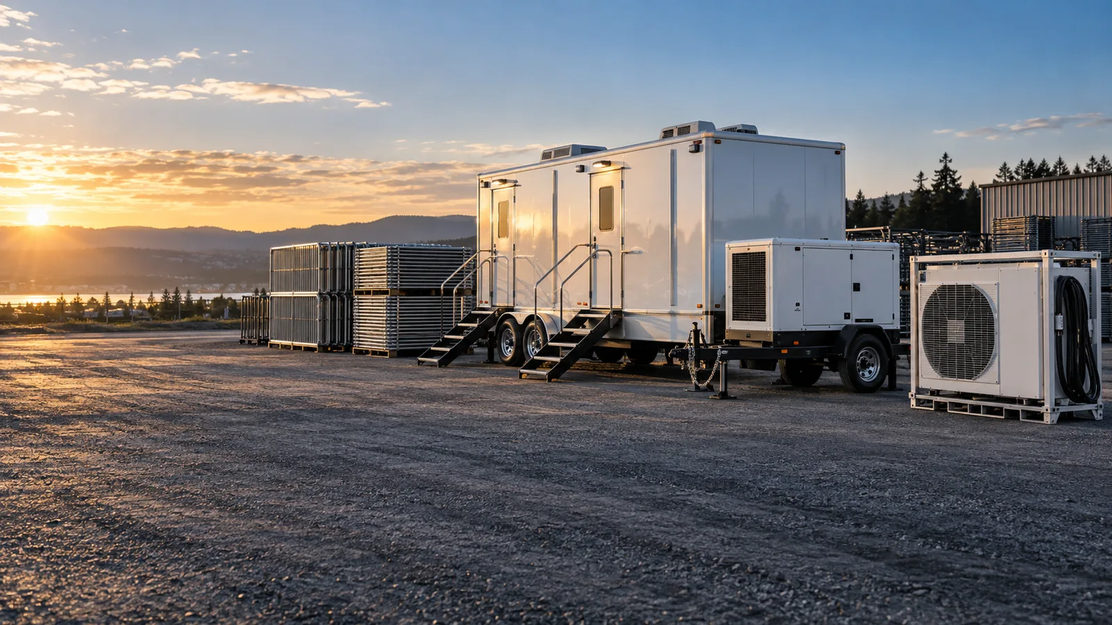 Specialty rental fleet prepared for dispatch at sunrise
